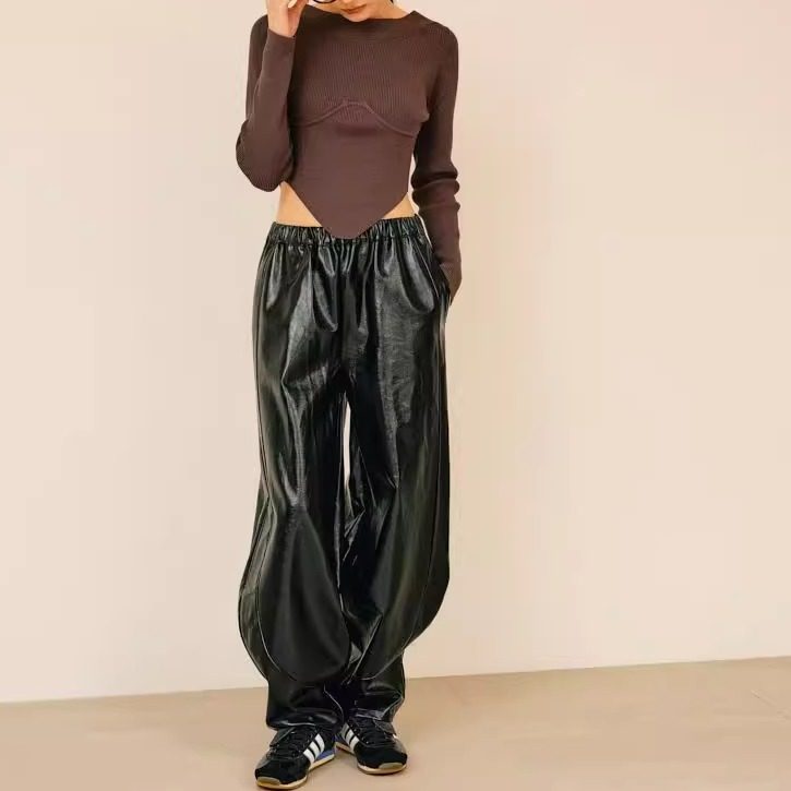 日单null原单2025年早秋新款薄款设计感百搭是松紧腰舒适PU皮裤女,女装/女士精品,皮裤,淘宝优惠券,粉丝福利购,淘宝优惠卷