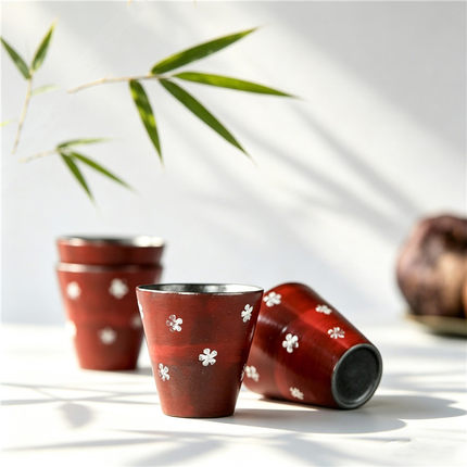 景德镇纯手工故宫红鎏银桃花直口茶杯手执杯陶瓷品茗杯中式主人杯