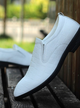 时尚白色男鞋子懒人乐福休闲鞋商务正装韩版英伦皮鞋新郎结婚鞋潮