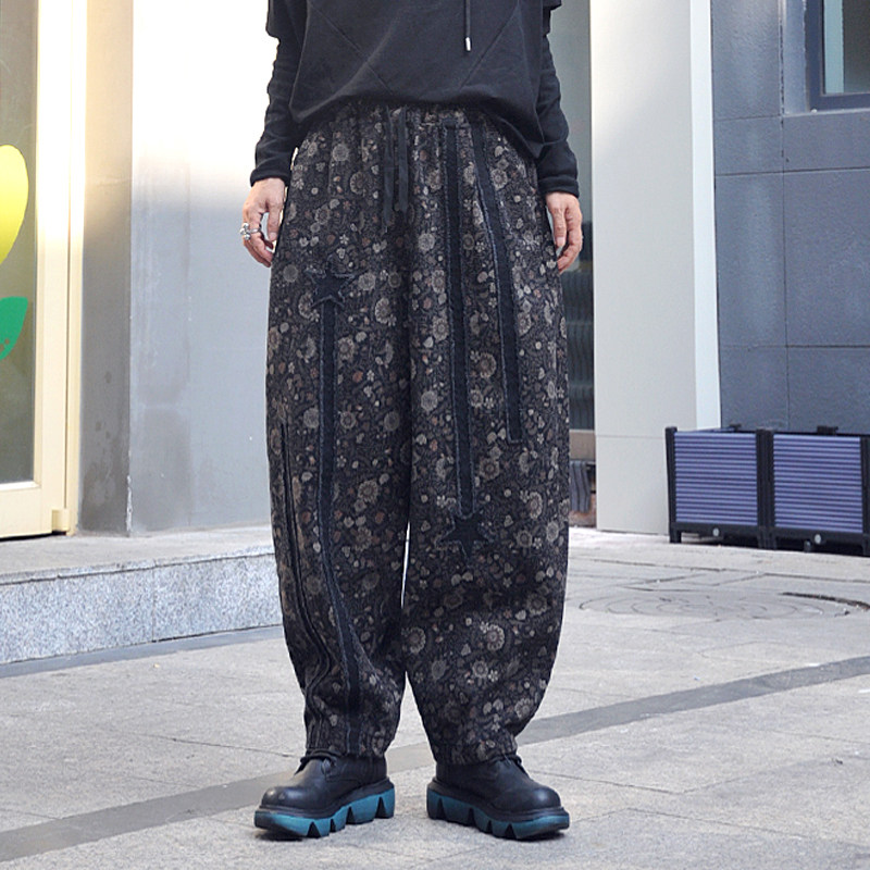 牛仔长裤印花女士垮裤2026春秋新款加绒宽松显瘦时尚松紧腰哈伦裤