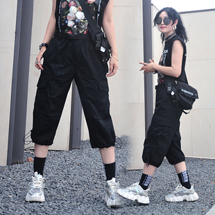 潮牌中性男女休閑工裝 女2025年夏季 美式 薄款 過(guò)膝中褲 抽繩七分褲 褲