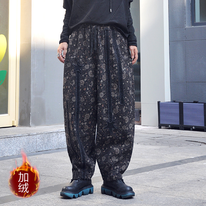 高腰加绒印花牛仔长裤女裤休闲裤