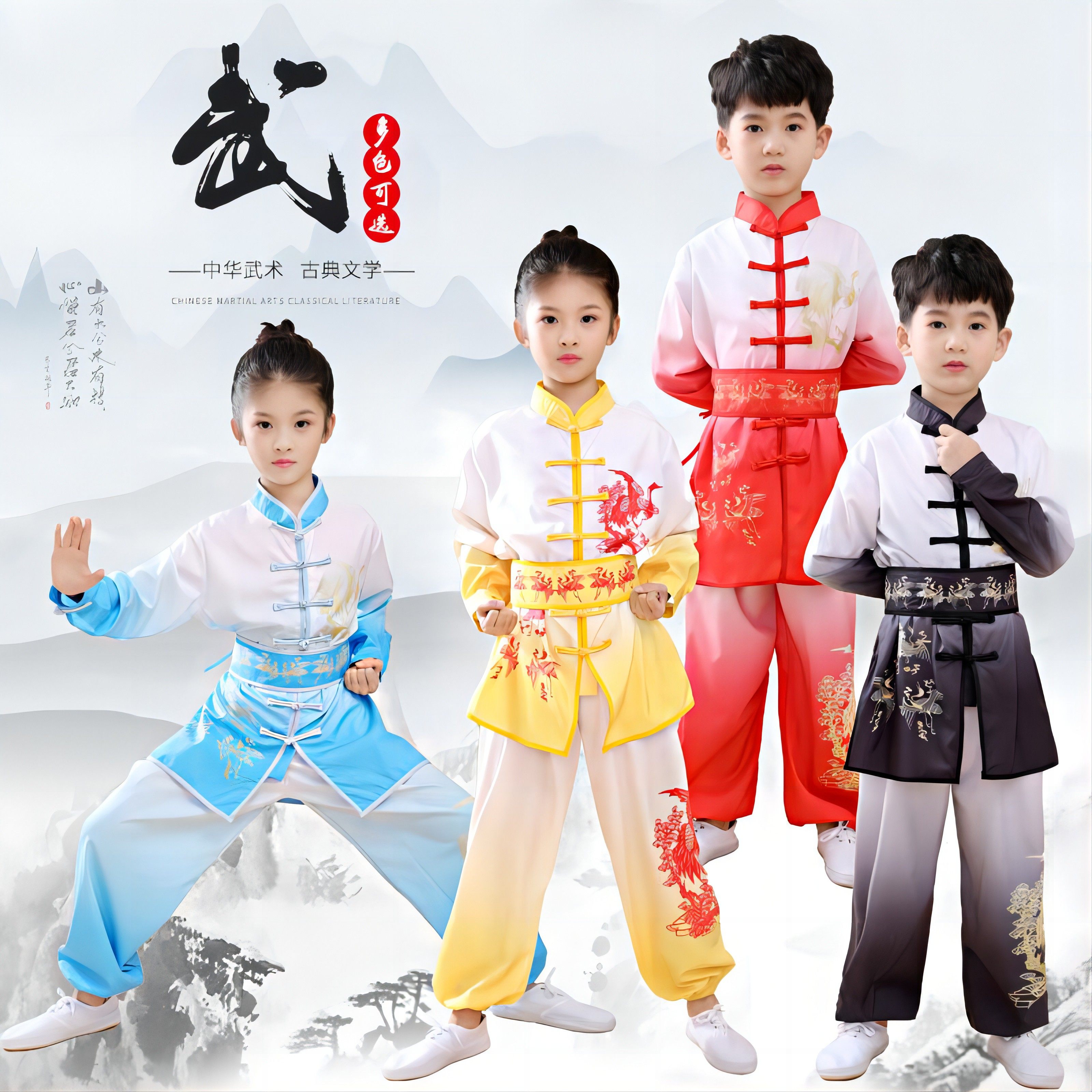 儿童武术服练功服武术训练服中国风印鹤渐变色男女童套装运动会服