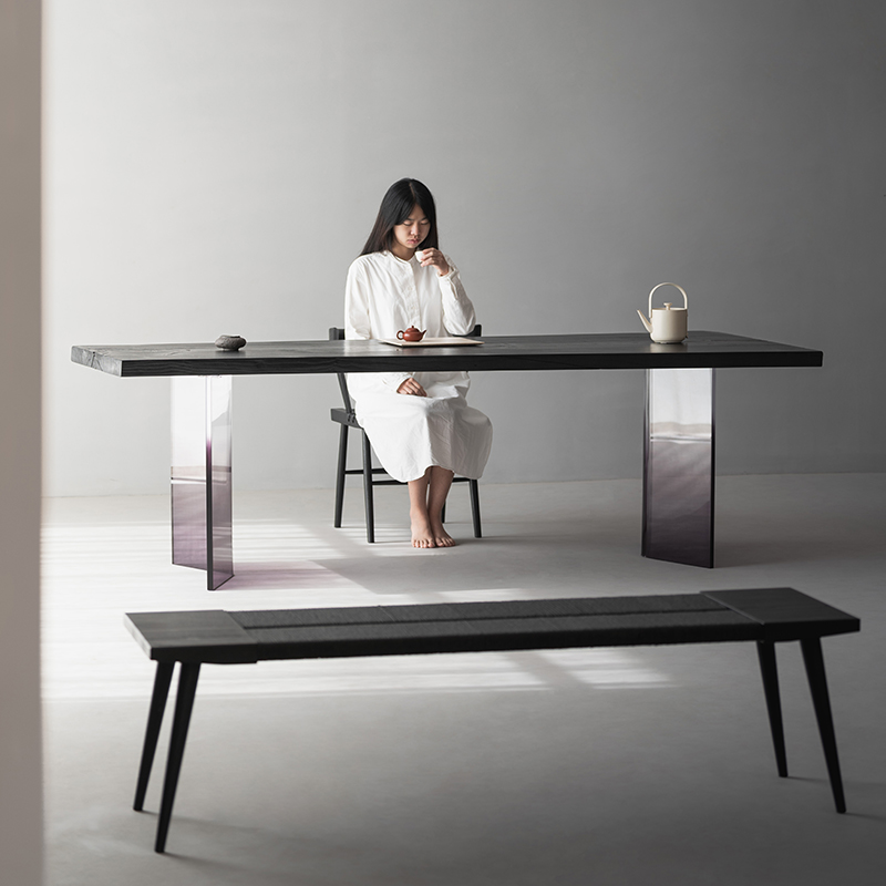 叁几实木茶桌黑色碳化大板餐桌子