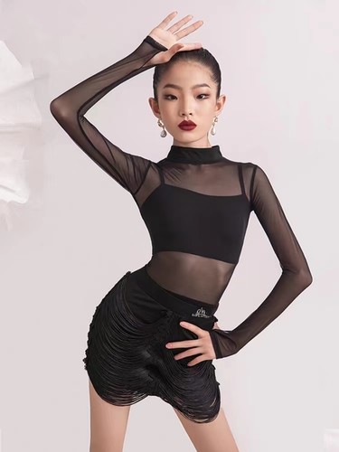 2025夏季新款拉丁舞服装儿童女短袖网纱练功服女童舞蹈表演出服装