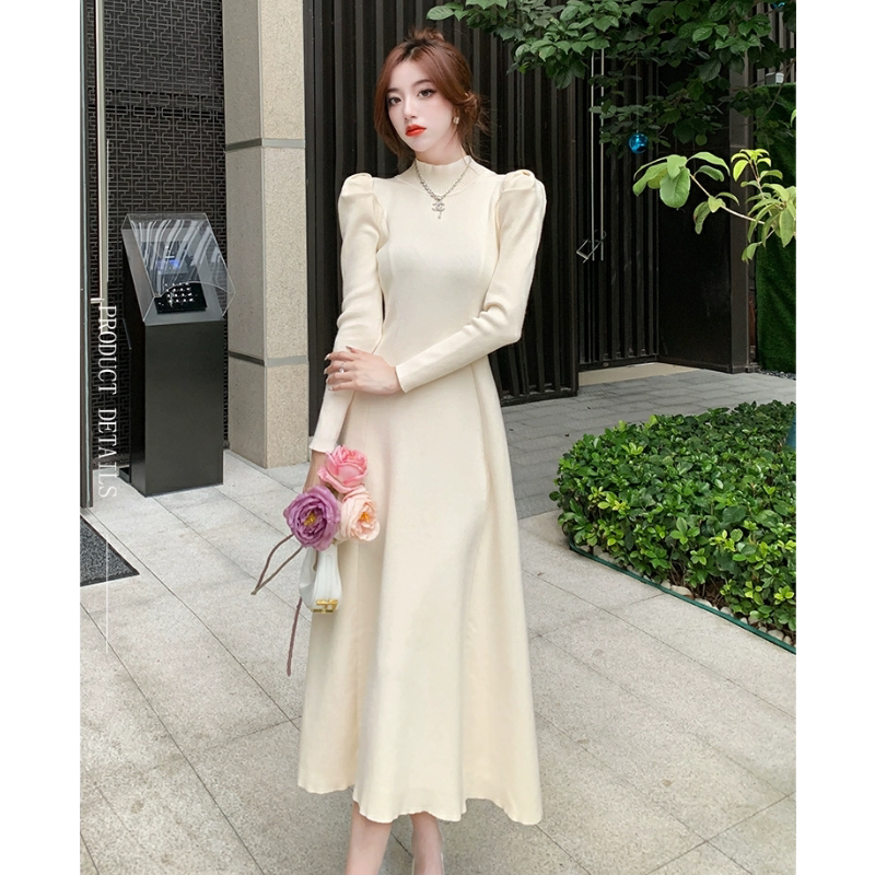 2026秋新款老钱风内搭配大衣针织连衣裙女泡泡袖过膝半高领长袖裙