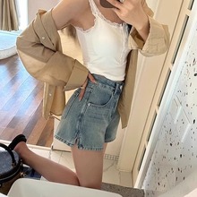 高腰牛仔短裤女夏季2025新款大码胖妹妹mm显瘦高腰开叉a字短裤子