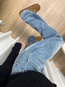 浅蓝色窄版直筒牛仔裤女冬季加绒加厚大码胖mm宽松显瘦拖地阔腿裤