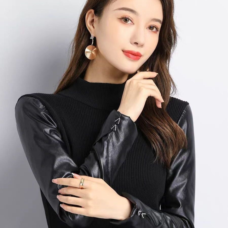 PU拼接皮袖打底衫女冬季2026新款袖子加厚毛衣配皮草马甲内搭神器