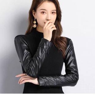 新款 女2025冬季 棉袖 毛衣袖 内搭 拼接PU皮袖 子加绒加厚针织衫 打底衫