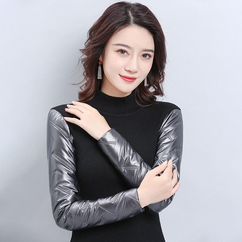 羽绒棉袖皮袖打底衫女冬配皮草马甲的内搭身子薄袖子加棉加厚毛衣