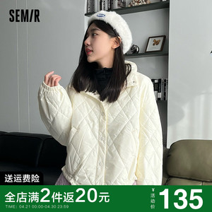 森马棉服女菱形格立领小个子2023冬季新款女装下摆抽绳薄款棉衣潮