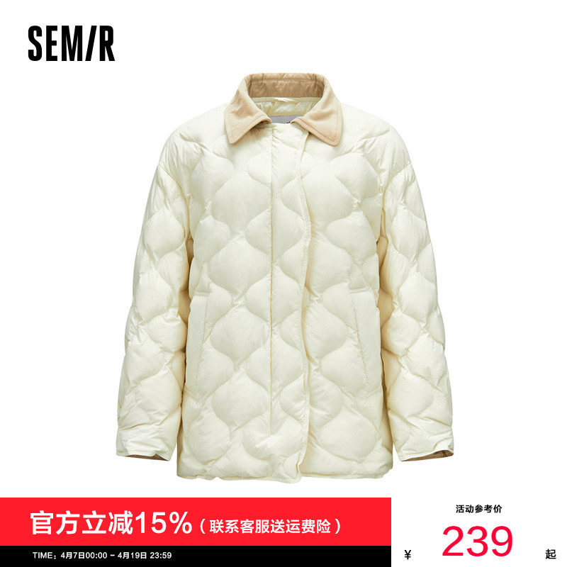 森马羽绒服女中长款轻薄肌理宽松2025新款撞色灯芯绒翻领冬装复古