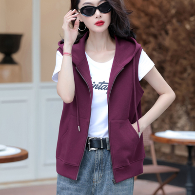 无袖连帽卫衣背心女春秋新款双面棉休闲马甲外套叠穿外穿百搭坎肩