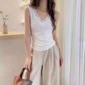 新款 蕾丝花边拼接V领无袖 背心女夏季 内搭洋气百搭纯棉宽带上衣