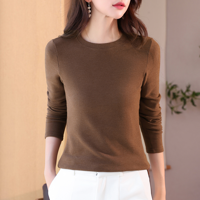 德绒打底衫女2024秋冬新款圆领长袖T恤内搭加绒正肩百搭保暖上衣