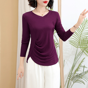 春秋时尚莫代尔螺纹V领长袖上衣女中年妈妈洋气宽松遮肚弹力打底