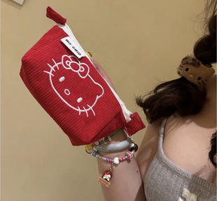 红色kt猫咪笔袋化妆包收纳包可爱Kitty周边文具袋大容量灯芯绒