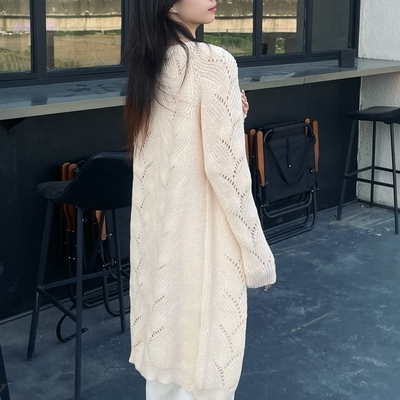 法式中长款针织毛衣开衫外套女秋冬宽松镂空外搭马海毛慵懒风上衣