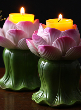 陶瓷蜡烛灯座复古摆件彩绘佛具