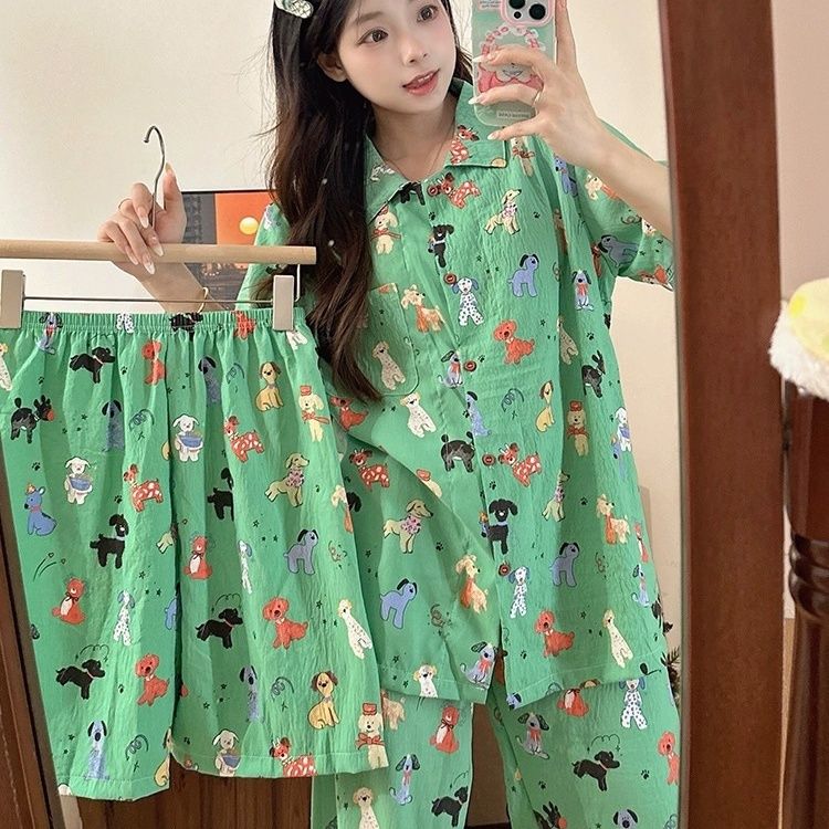睡衣女夏三件套套装新款小狗韩版家居服套装