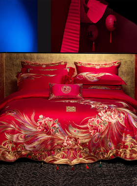 凡泰斯克 结婚四件套高端上档次 全棉纯棉牡丹刺绣红色婚庆喜被
