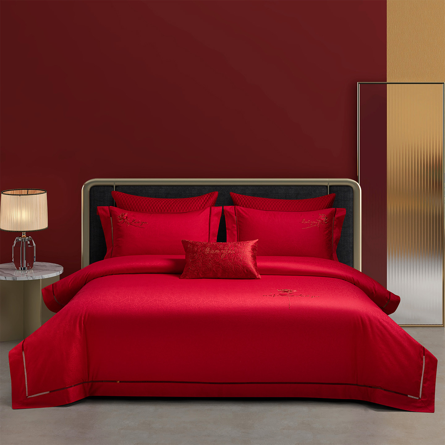 结婚四件套新婚全棉喜庆陪嫁七件套婚礼玫瑰刺绣婚庆大红床上用品