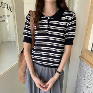 纯棉针织短袖翻领针织衫女短袖套头薄款条纹短款通勤上衣配裙子