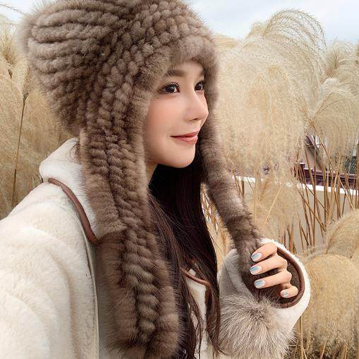 新款水貂编织狐狸毛球球长护耳围脖帽护脸貂毛帽子女冬季帽