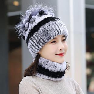 新款雕花獭兔毛帽子女时尚保暖百搭护耳帽冬季加厚皮草围巾帽子
