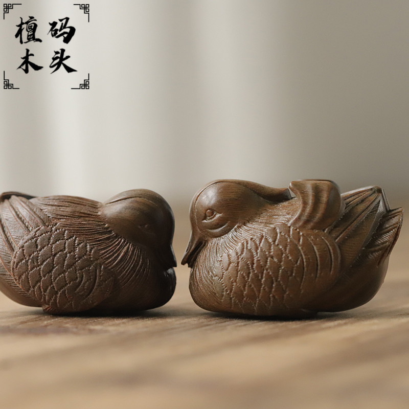 绿檀木雕鸳鸯手把件文玩高端情侣收藏定情信物实木质工艺品小摆件