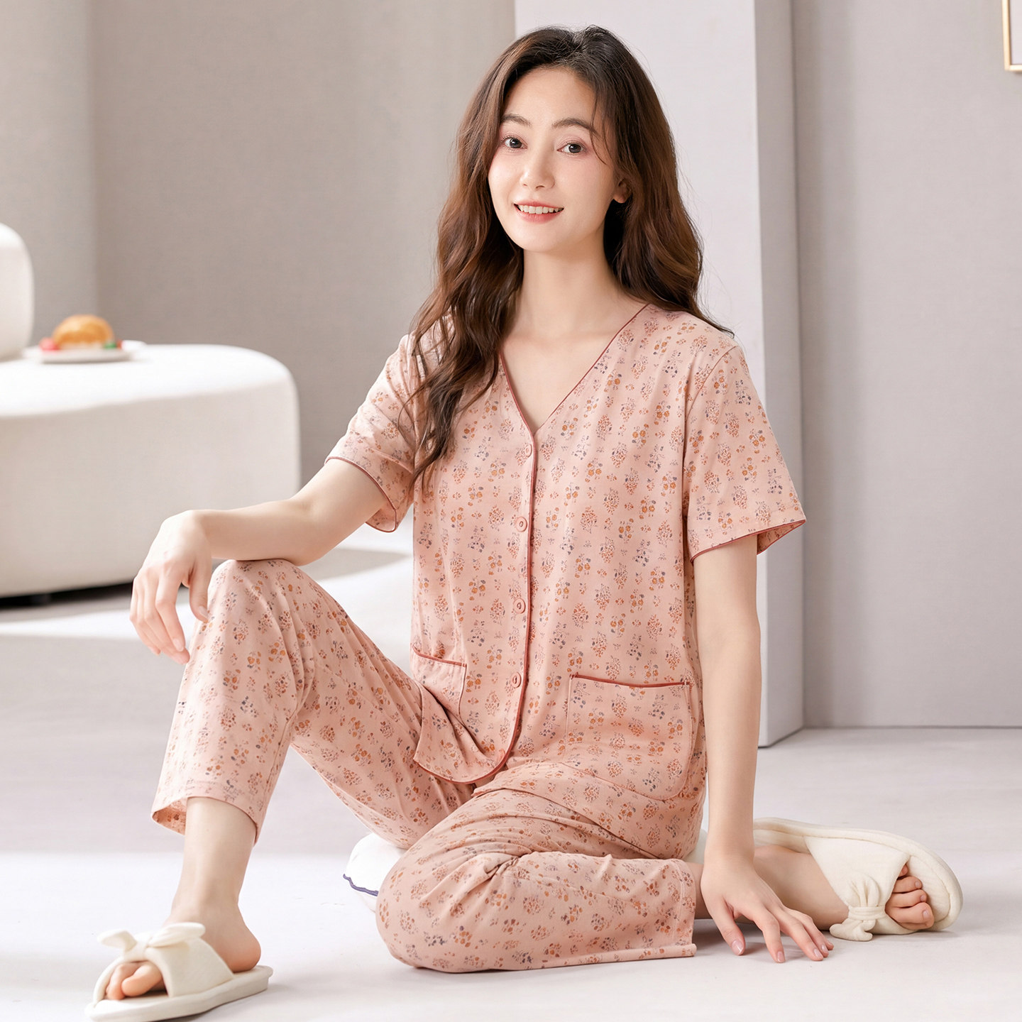 中年妈妈睡衣女士夏季纯棉短袖长裤家居服加肥加大码休闲开衫套装