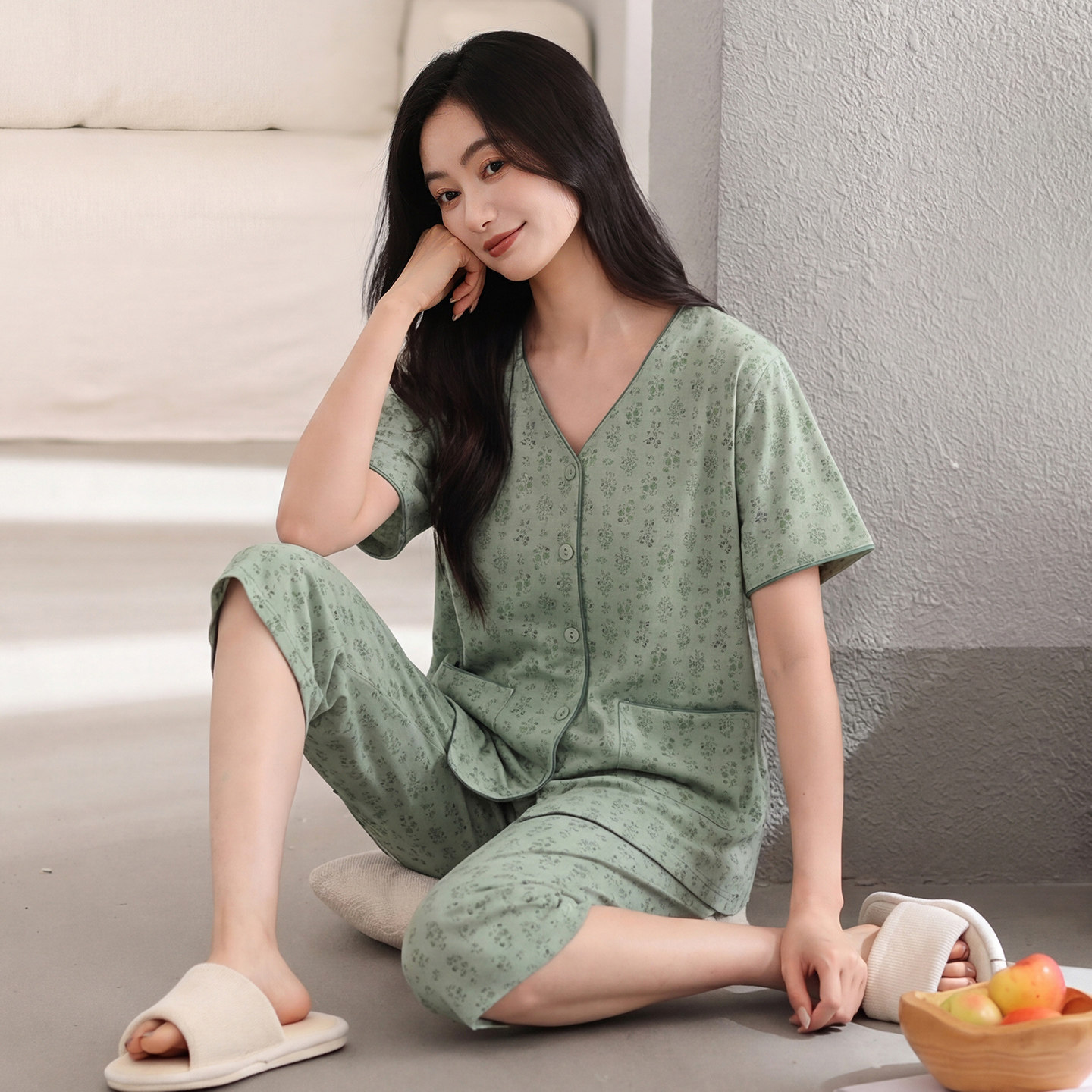 睡衣女款夏季纯棉短袖七分裤夏天薄款加肥大码中老年人妈妈家居服