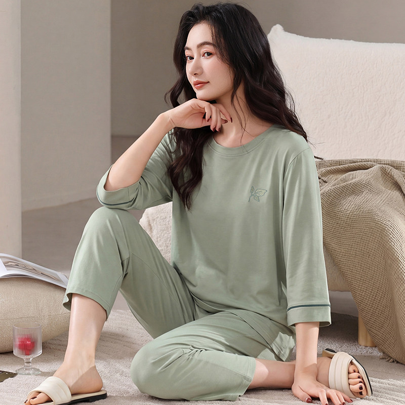 夏季纯棉睡衣女款七分袖长裤妈妈圆领薄款可外穿中年人宽松家居服
