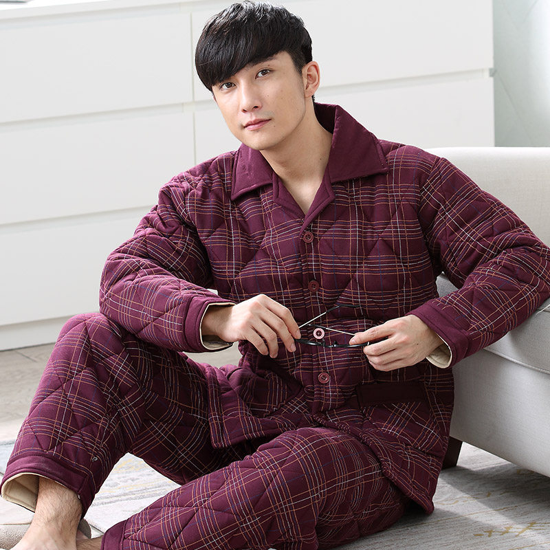 男士睡衣秋冬季纯棉加厚三层夹棉保暖高级感中老年家居服两件套装