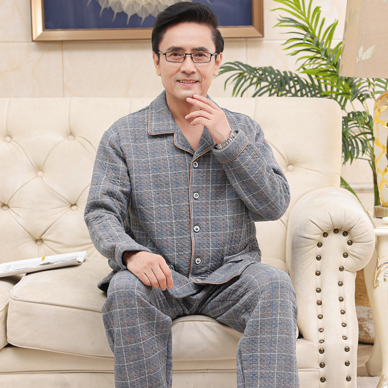 睡衣春秋冬季男士纯棉中老年爸爸加厚薄夹棉空气棉大码家居服套装