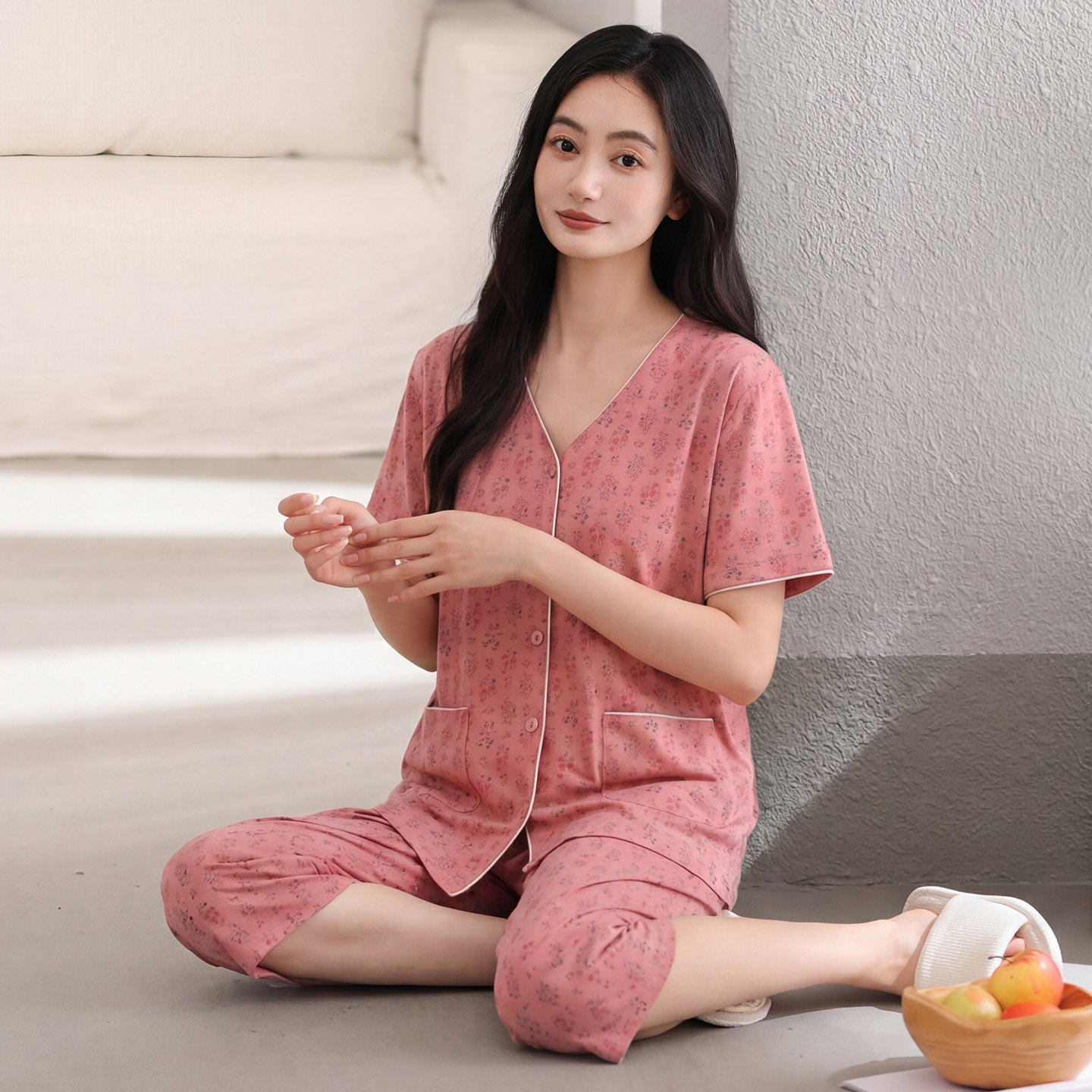 中年妈妈睡衣女款纯棉夏季薄款短袖七分裤开衫加大码家居服两件套