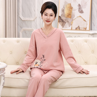 纯棉睡衣女春秋季中年妈妈长袖长裤全棉老人婆婆家居服套装可外穿