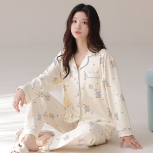 超舒服纯棉睡衣女士款长袖春秋季开衫中年妈妈加肥大码家居服套装