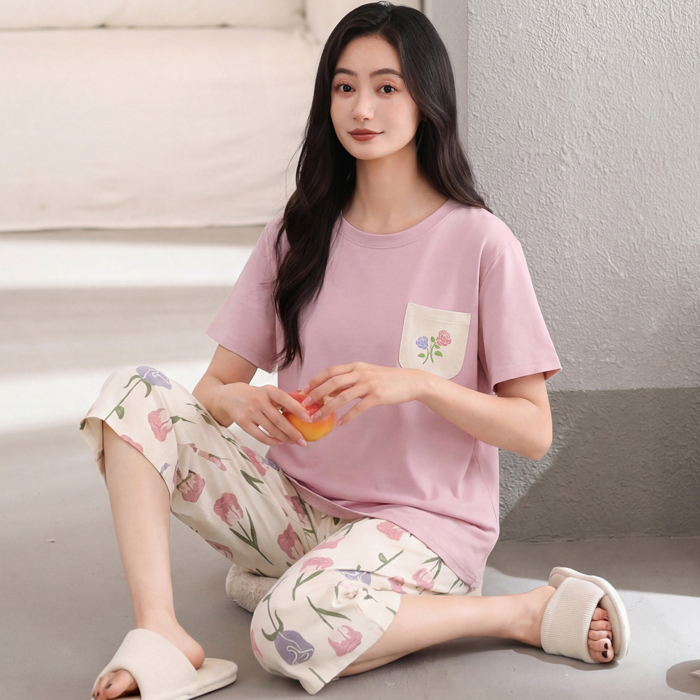 中年妈妈睡衣女款夏季纯棉短袖薄款七分裤夏天中老年家居服加大码