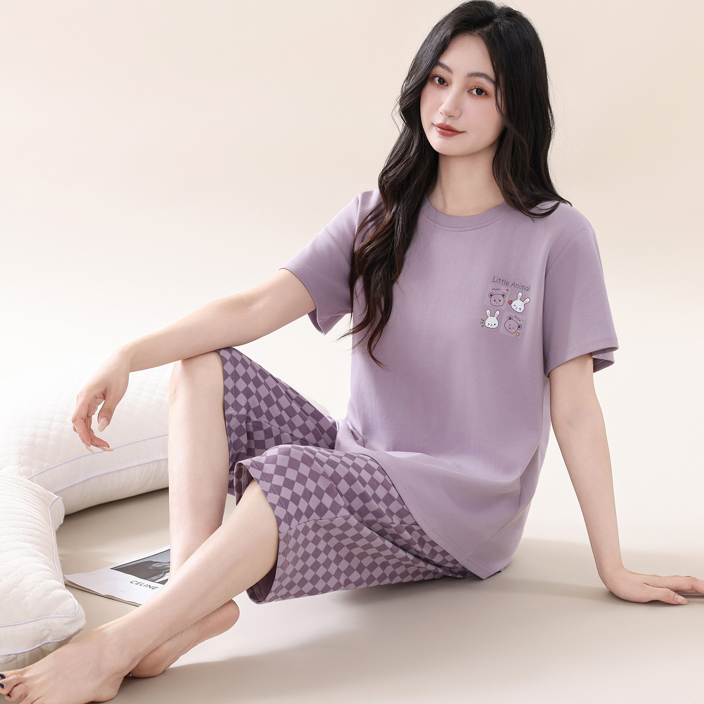 睡衣女款纯棉夏季短袖七分裤可外穿宽松加肥加大码休闲家居服套装