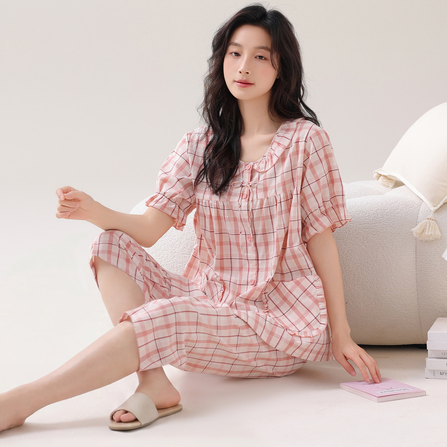 中年妈妈睡衣女款纯棉短袖七分裤夏季加肥大码薄款家居服两件套装