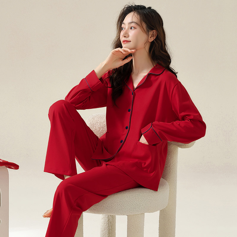 大红色睡衣女款春秋季长袖纯棉结婚新婚可外穿妈妈家居服两件套装