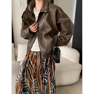 司南 美式街头风 软荔枝纹肌理感PU皮立领廓形皮衣外套 SN8699