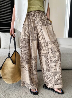 波西米亚风格 100苎麻复古腰果印花宽松垂感休闲裤 SN8762