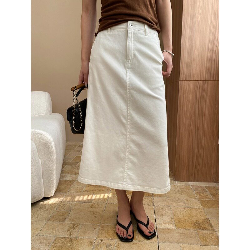 法式简约通勤春白色高腰A字显瘦后开叉牛仔半身裙