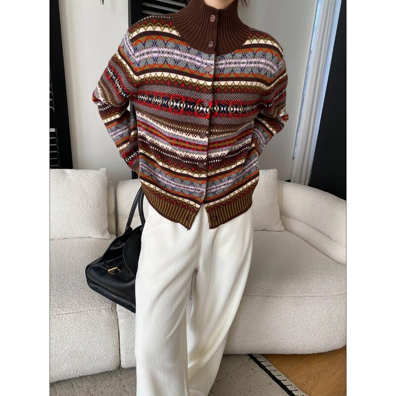 北欧格调兔毛羊毛混纺费尔岛撞色提花针织开衫毛衣