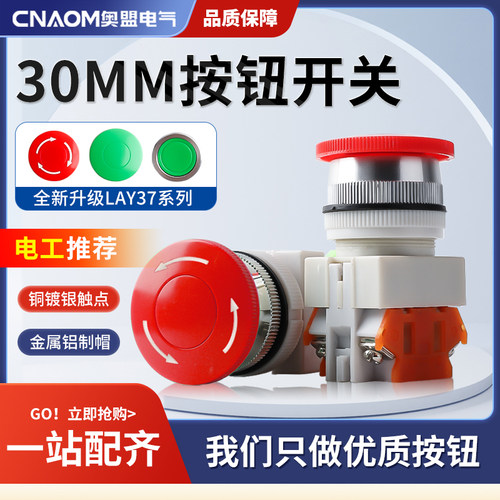 LAY37蘑菇头带自锁急停按钮开关LAY7平头自复位PBC Y090旋钮30MM