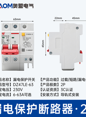 DZ47LE断路器 漏电空气开关 带漏电保护器 2P 6A-63A 工厂直销