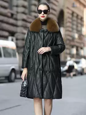 2021 Autumn and Winter Haining Leather Leather Down Jacket Women's Long Edition Loose Fat Large Size Sheepskin Coat